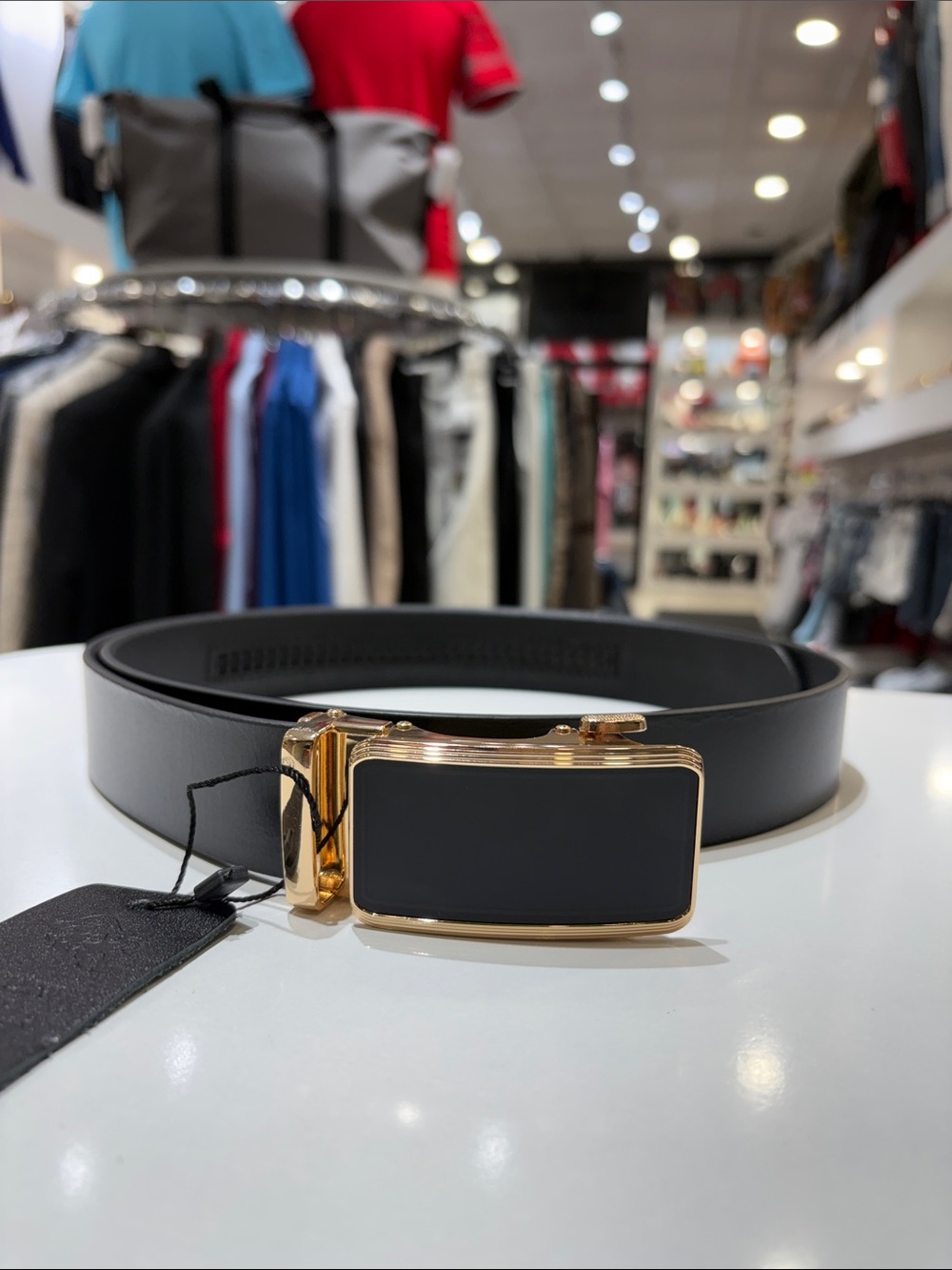 Gold & Black Smart-Style Leather Belt with Rectangular Buckle